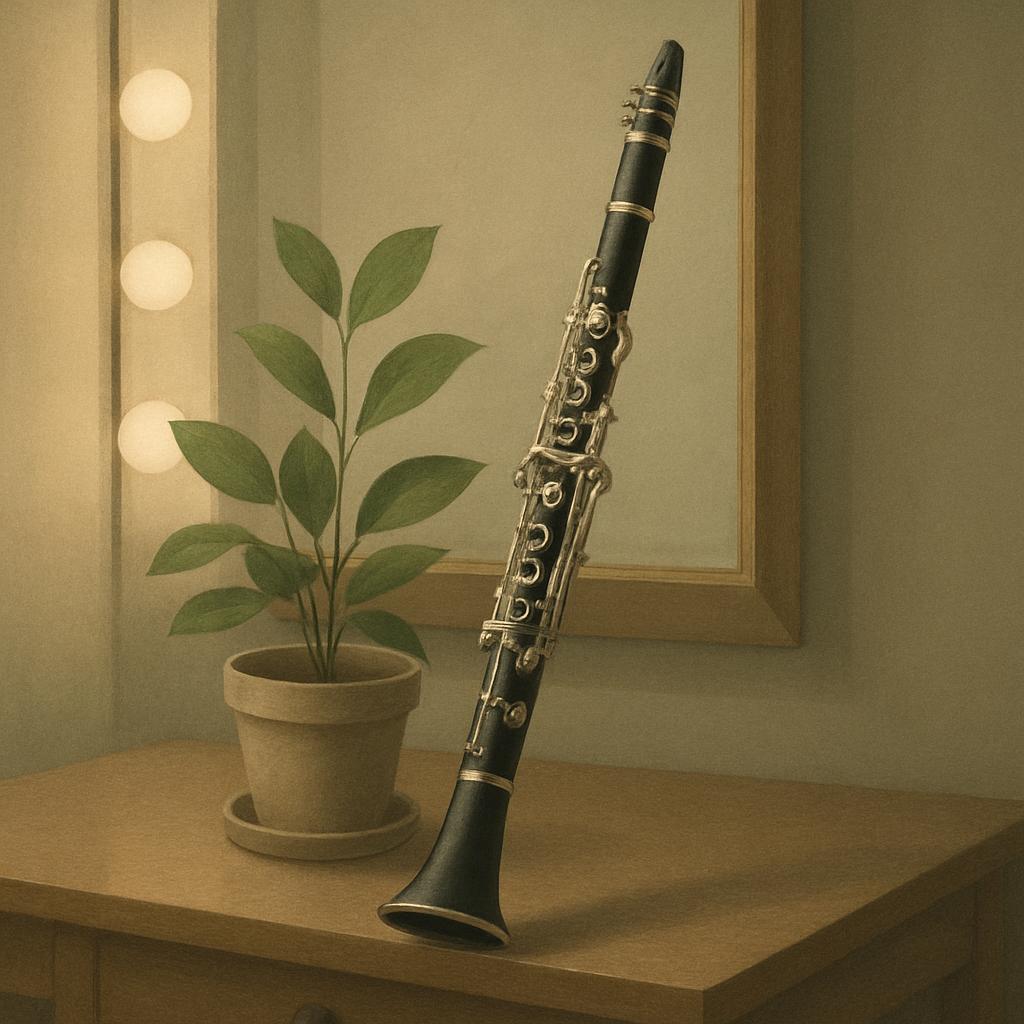 The image depicts a clarinet in a room and the alt text is "Instrument on table."