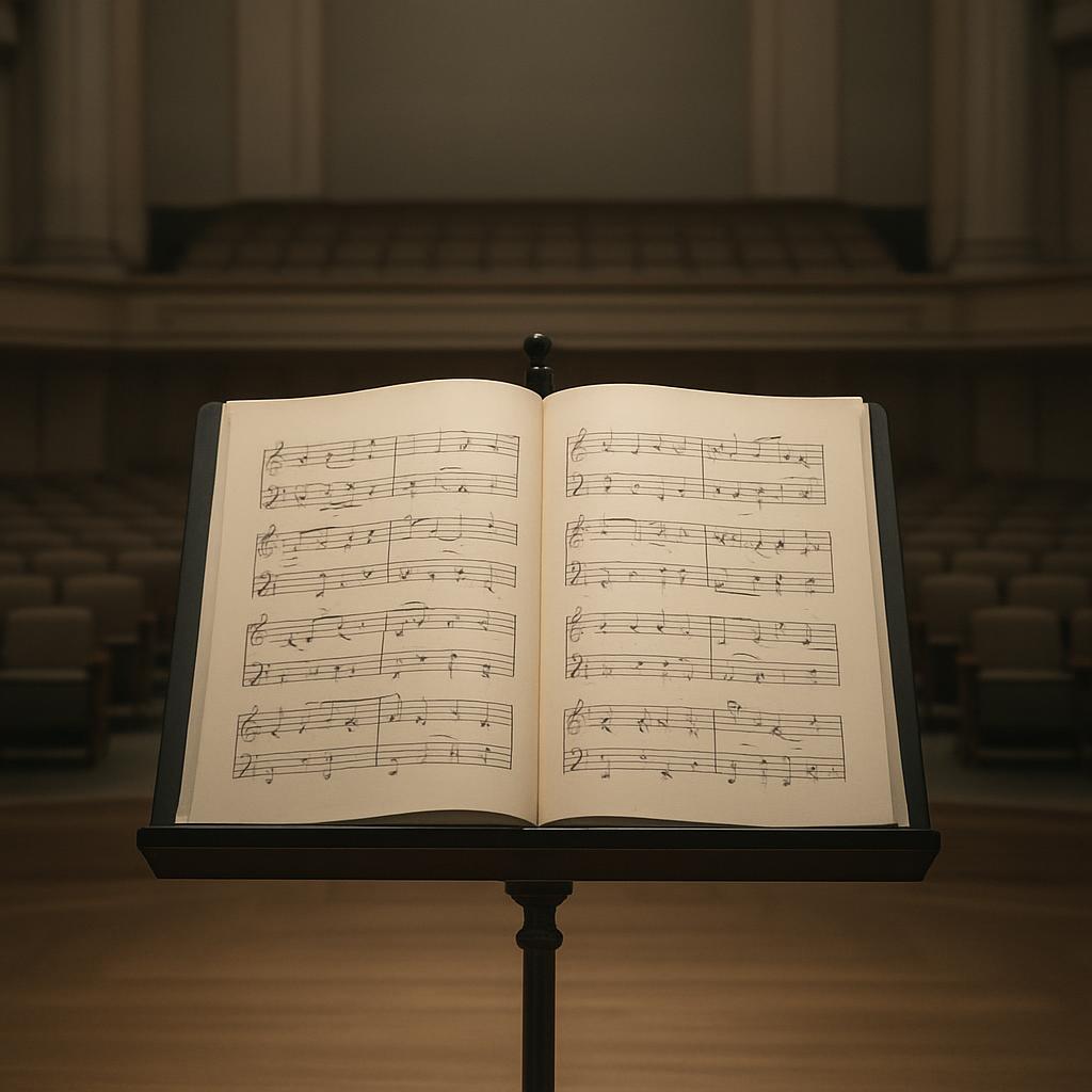 An open music notation book on a stand in an auditorium, with empty seats.