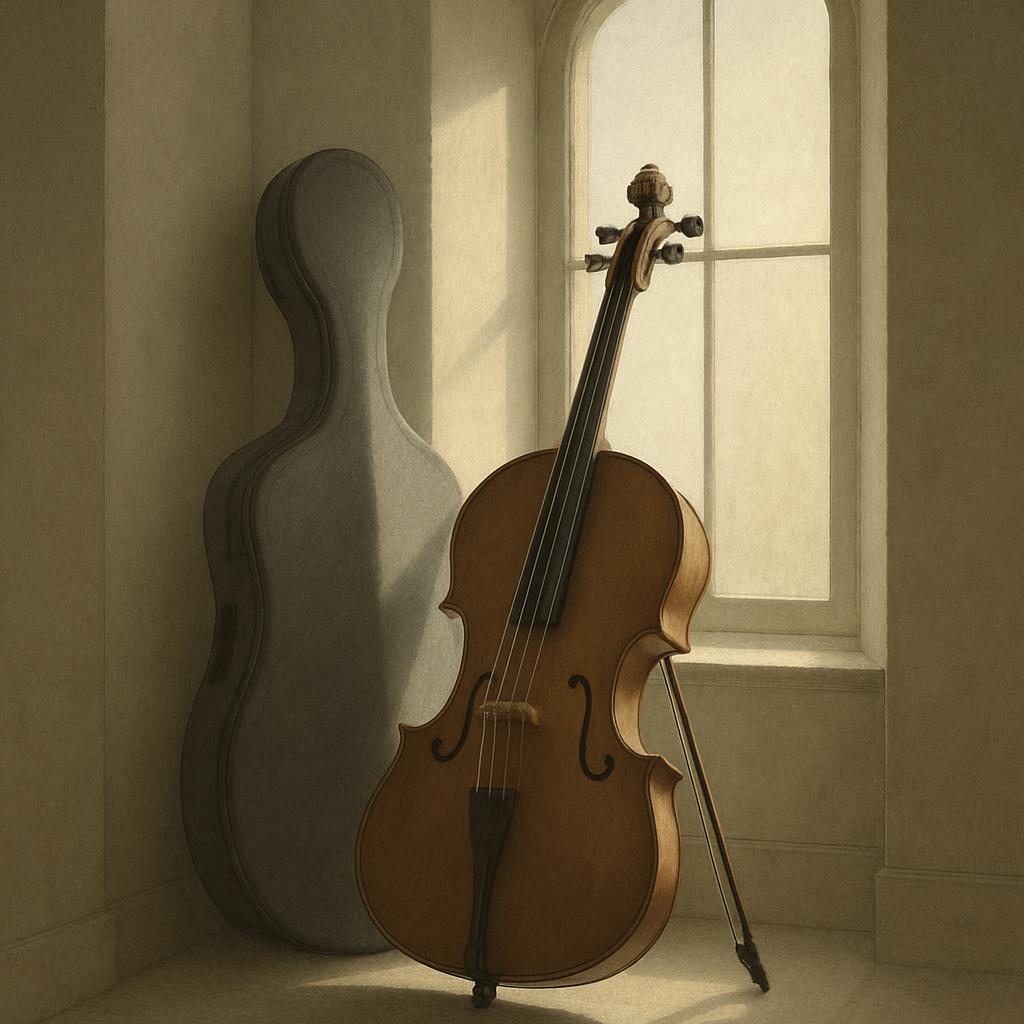 A classical music-related image featuring a cello lying upright, illuminated by gentle light from the windows, creating ev...